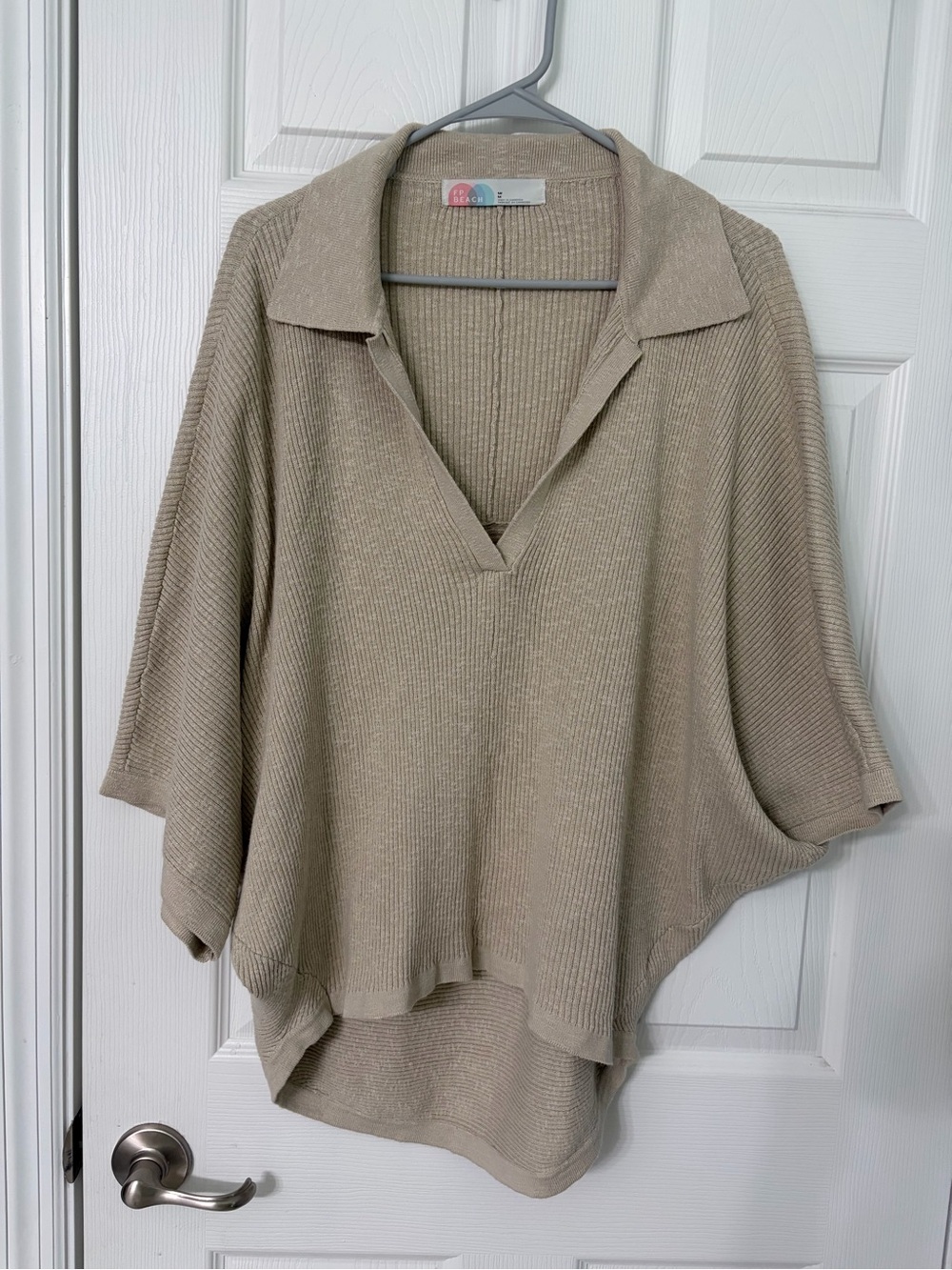 Free People Taupe Collared V-Neck Knit Top